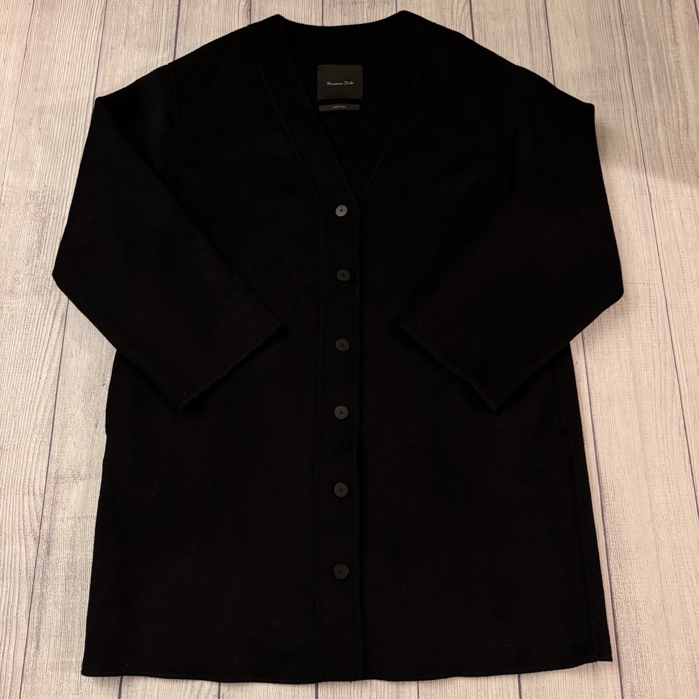 Massimo Dutti Women's Black Wool Blend Oversized Long Cardigan Coat Jacket Cozy